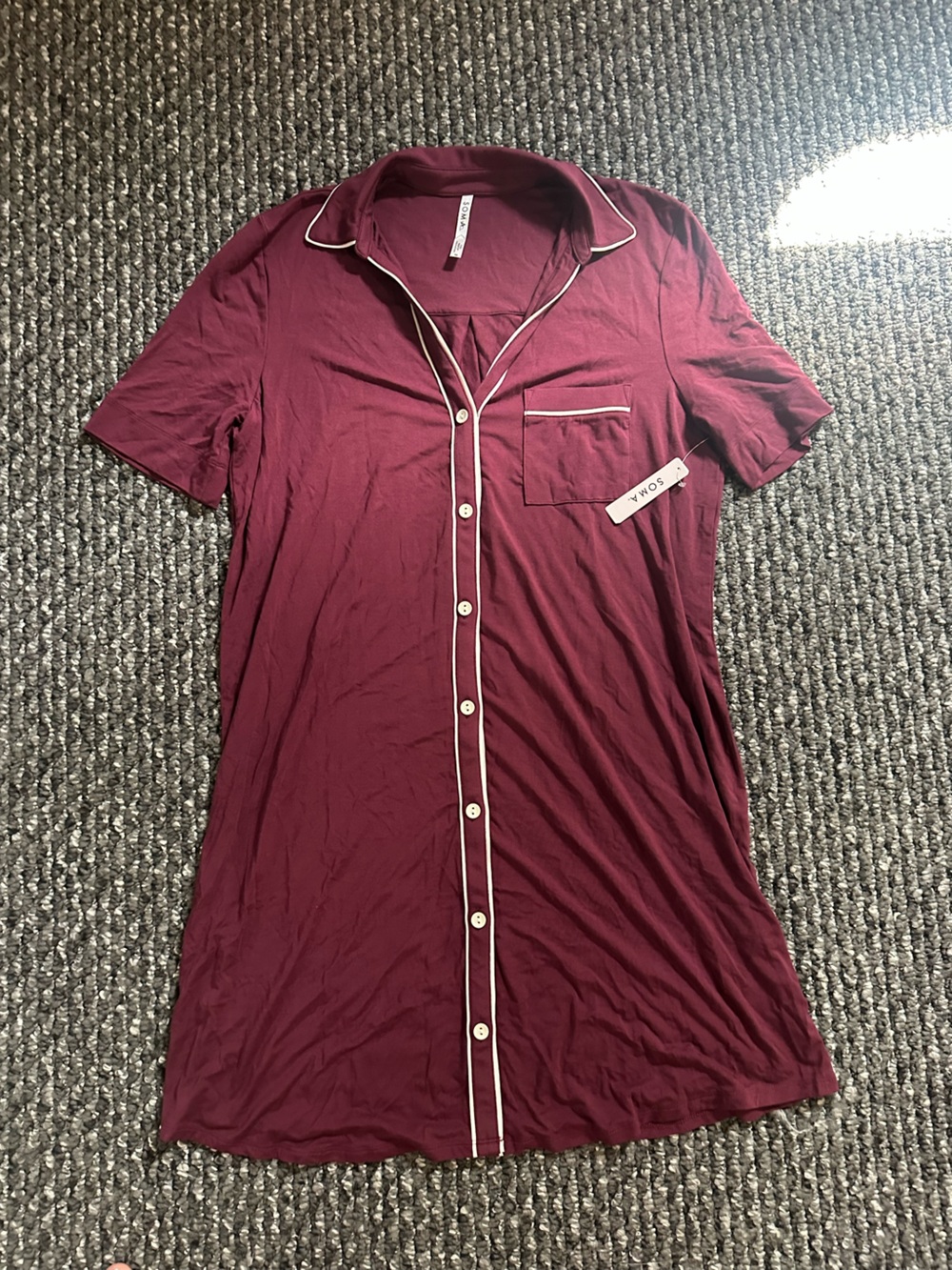 Soma Maroon Button-Front Short Sleeve Nightshirt with Contrast Piping